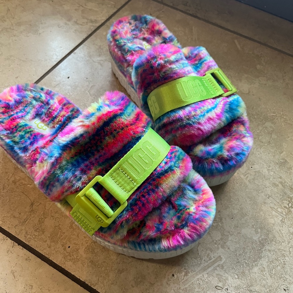 UGG Colorful Fluffy Slippers with Neon Green Straps